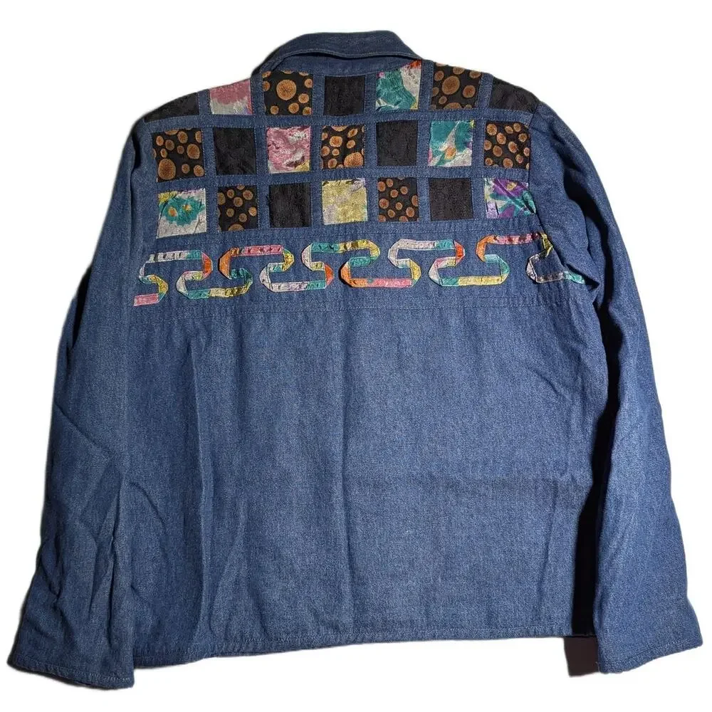 Vtg Y2K Yak Magik Blue Cotton Denim Patchwork Button Up Oversized Jacket Sz S